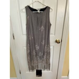 DOUBLE FAULT VINTAGE SLIM FIT STRETCH LACE FRINGED MIDI‎ DRESS TAUPE/BLACK Large